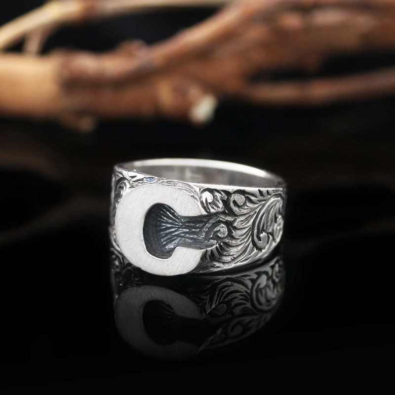 925 Ayar Gümüş C Harfi Monogram Yüzük