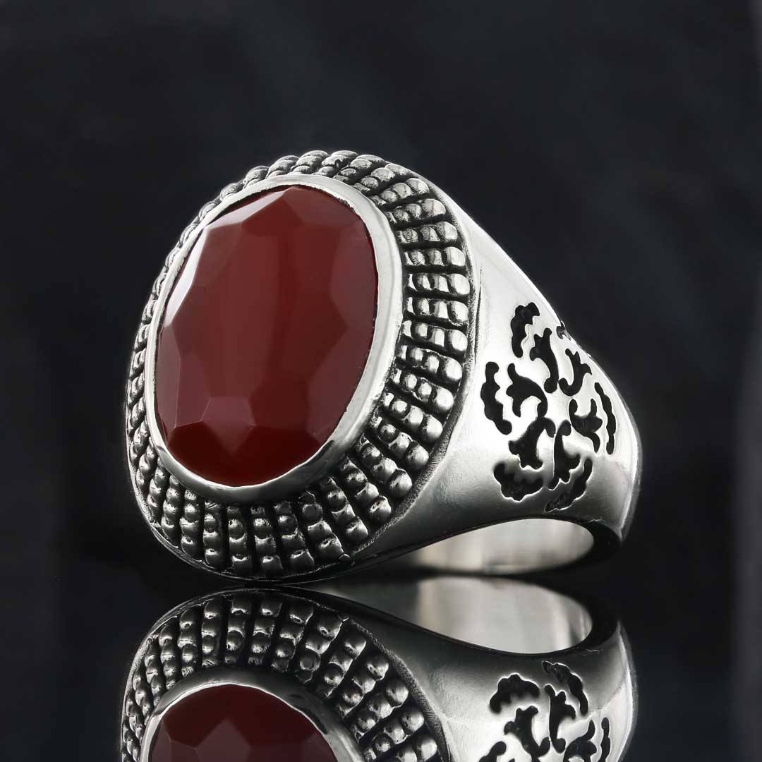 925 Ayar Gümüş Kenar Motifli Kırmızı Akik Erkek Yüzük 925 Ayar Gümüş Kenar Motifli Kırmızı Akik Erkek Yüzük