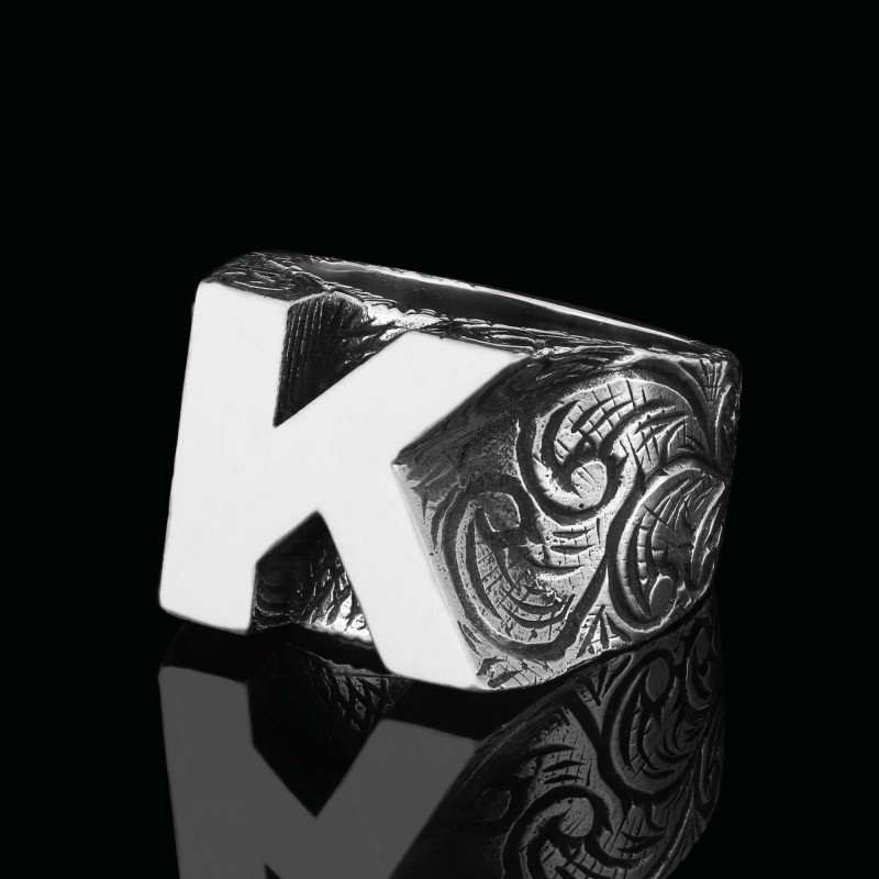 925 Ayar Gümüş Monogram K Harfi Erkek Yüzüğü