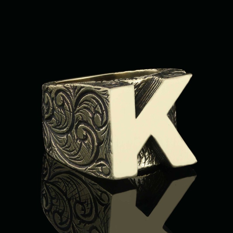 925 Ayar Gümüş Monogram K Harfi Erkek Yüzüğü