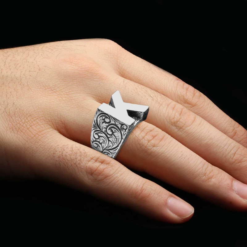 925 Ayar Gümüş Monogram K Harfi Erkek Yüzüğü