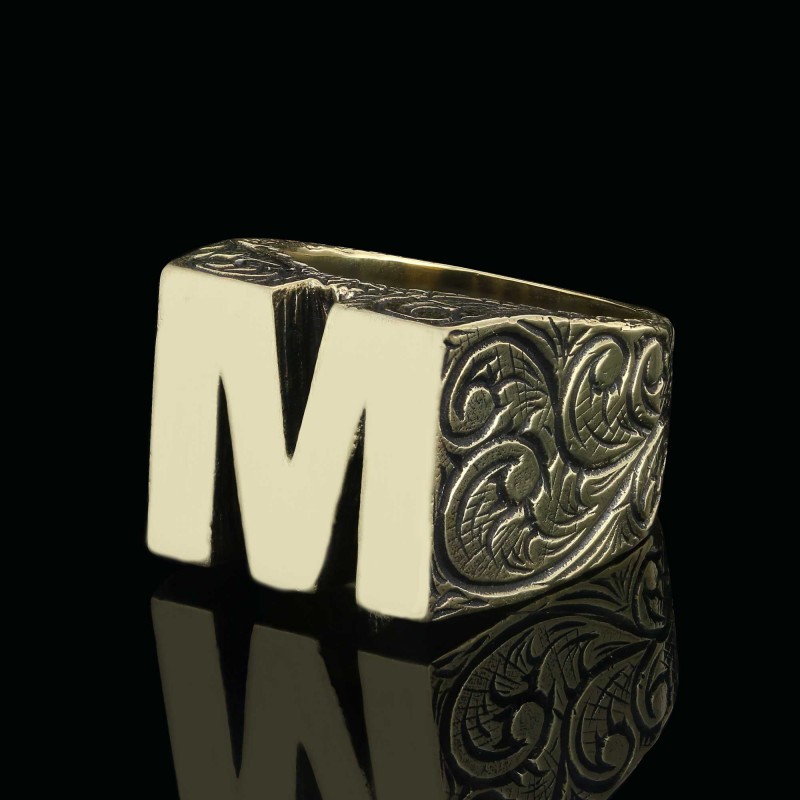 925 Ayar Gümüş Monogram M Harfi Erkek Yüzüğü