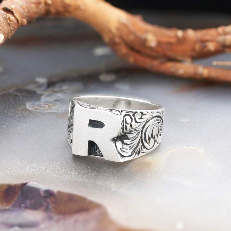 925 Ayar Gümüş Monogram R Harfi Kadın Yüzüğü