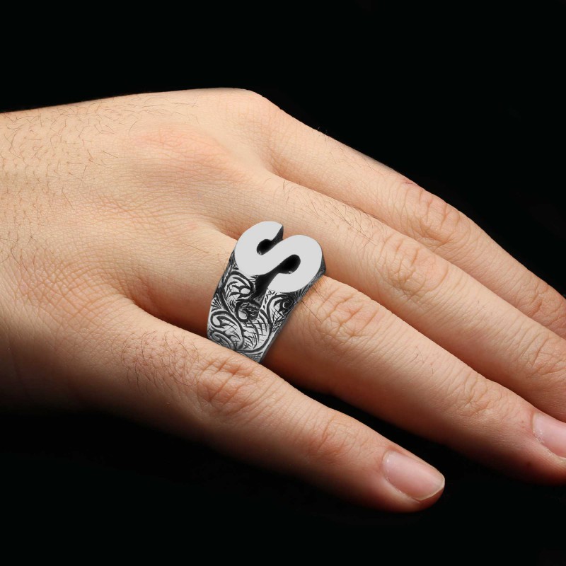 925 Ayar Gümüş Monogram S Harfi Erkek Yüzüğü
