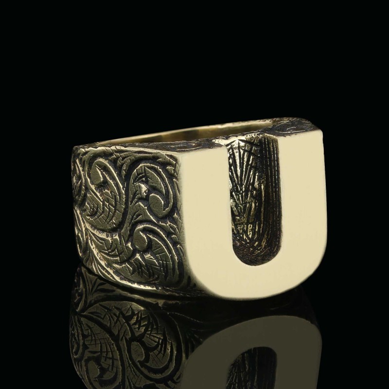 925 Ayar Gümüş Monogram U Harfi Erkek Yüzüğü