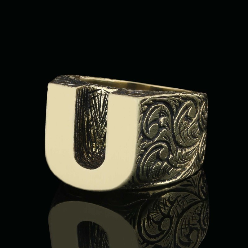 925 Ayar Gümüş Monogram U Harfi Erkek Yüzüğü