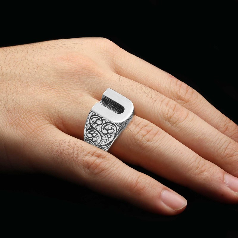 925 Ayar Gümüş Monogram U Harfi Erkek Yüzüğü
