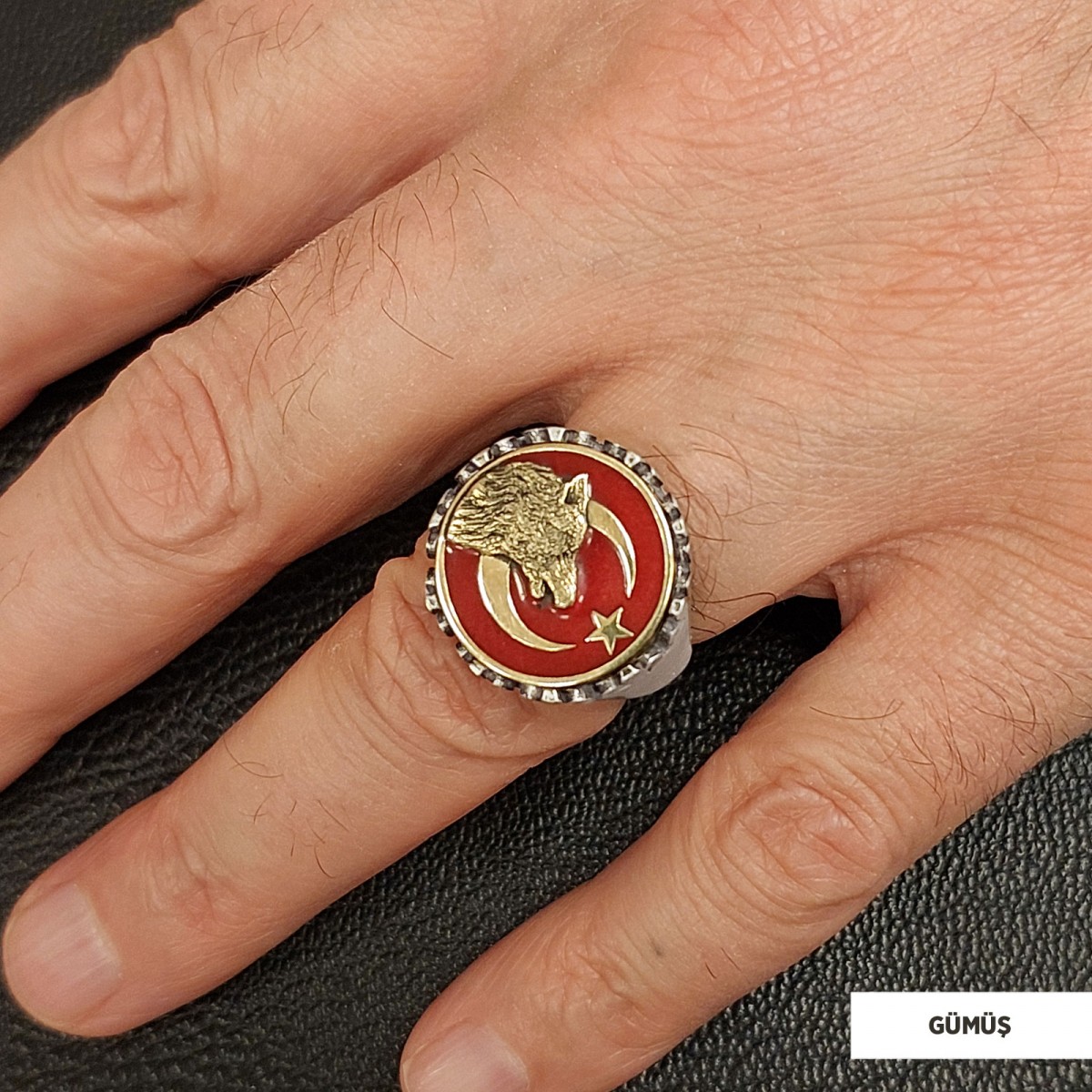 Alfa Kurt Ay Yıldız Yüzük, Kişiye Özel Üretim Bozkurt  Ay Yıldız Yüzük, 925 Ayar Gümüş  Ay Yıldız Ulu Kurt Erkek Yüzük