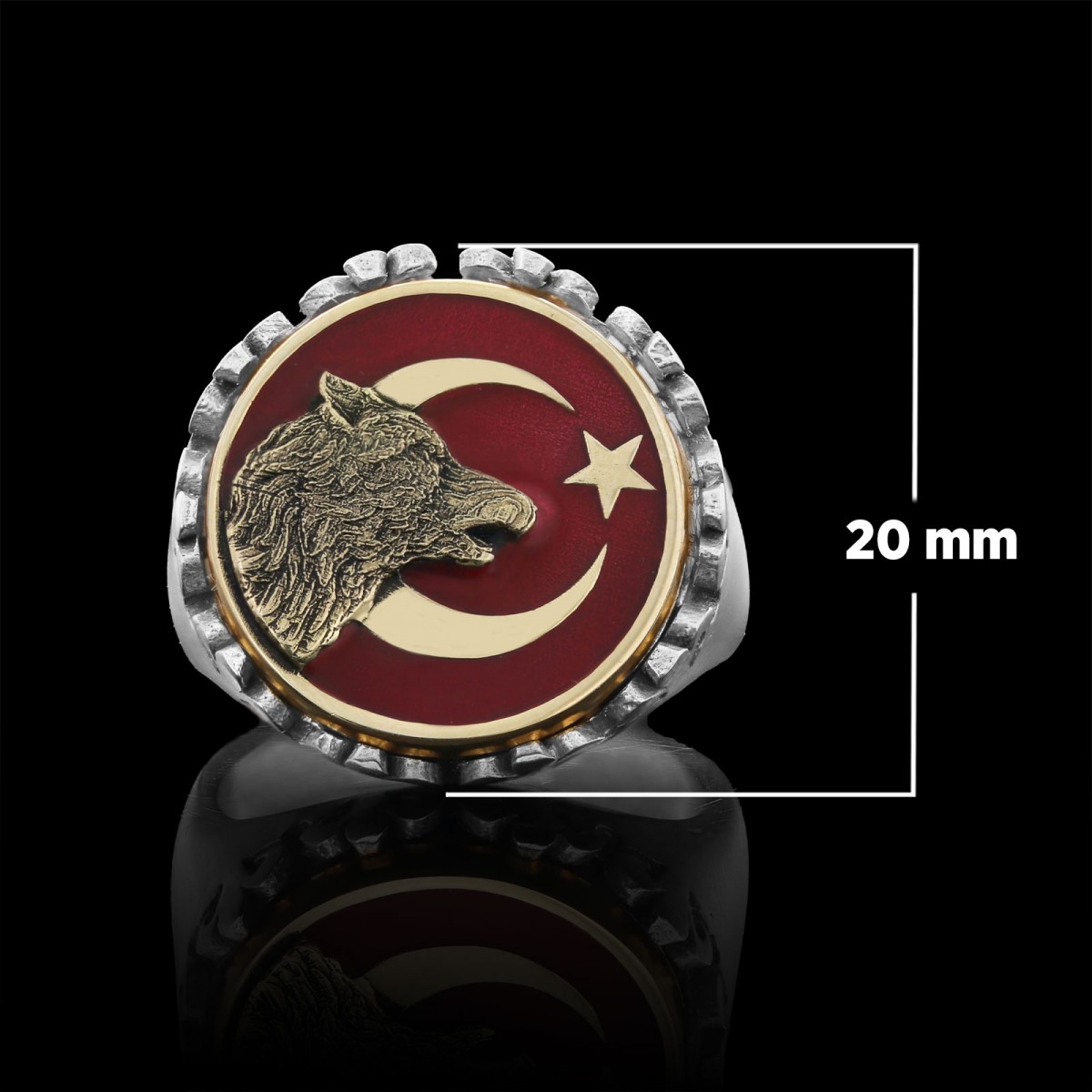 Alfa Kurt Ay Yıldız Yüzük, Kişiye Özel Üretim Bozkurt  Ay Yıldız Yüzük, 925 Ayar Gümüş  Ay Yıldız Ulu Kurt Erkek Yüzük