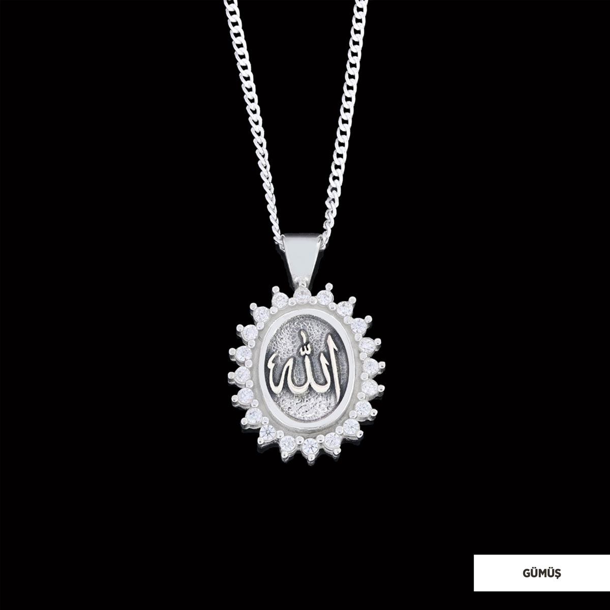 Allah Yazılı Gümüş Taşlı Kolye Gümüş