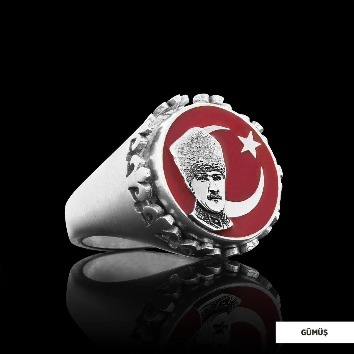Atatürk Ay Yıldız Yüzük, Kişiye Özel Üretim Atatürk  Ay Yıldız Yüzük, 925 Ayar Gümüş  Ay Yıldız Atatürk Erkek Yüzük