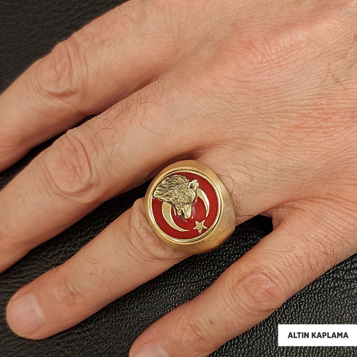 Ay Yıldız Alfa Kurt Figürlü Yuvarlak Yüzük, Özel Tasarım Gümüş Ay Yıldız Bozkurt Yüzük, Gümüş Ay Yıldız Bozkurt Yüzük