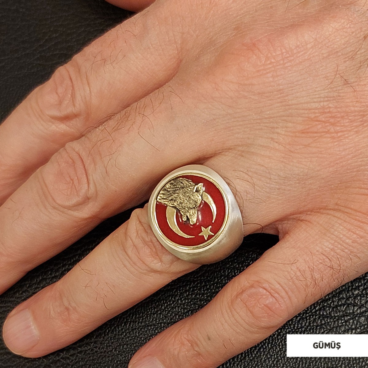 Ay Yıldız Alfa Kurt Figürlü Yuvarlak Yüzük, Özel Tasarım Gümüş Ay Yıldız Bozkurt Yüzük, Gümüş Ay Yıldız Bozkurt Yüzük