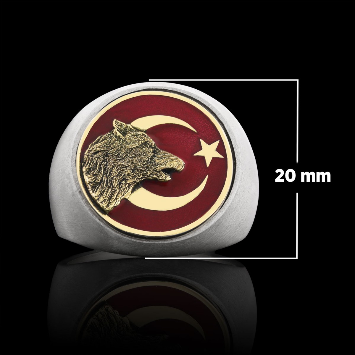 Ay Yıldız Alfa Kurt Figürlü Yuvarlak Yüzük, Özel Tasarım Gümüş Ay Yıldız Bozkurt Yüzük, Gümüş Ay Yıldız Bozkurt Yüzük