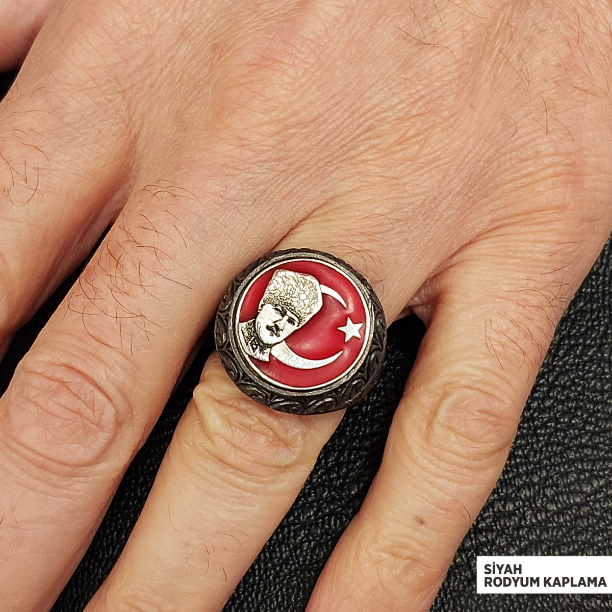 Ay Yıldız Atatürk Yüzük, Özel Tasarım Yanları Motifli Ay Yıldız Atatürk Yüzük, Gümüş Ay Yıldız Atatürk Yüzük
