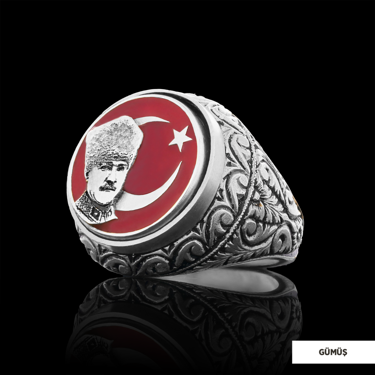 Ay Yıldız Atatürk Yüzük, Özel Tasarım Yanları Motifli Ay Yıldız Atatürk Yüzük, Gümüş Ay Yıldız Atatürk Yüzük