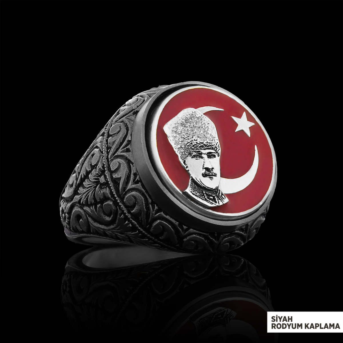 Ay Yıldız Atatürk Yüzük, Özel Tasarım Yanları Motifli Ay Yıldız Atatürk Yüzük, Gümüş Ay Yıldız Atatürk Yüzük