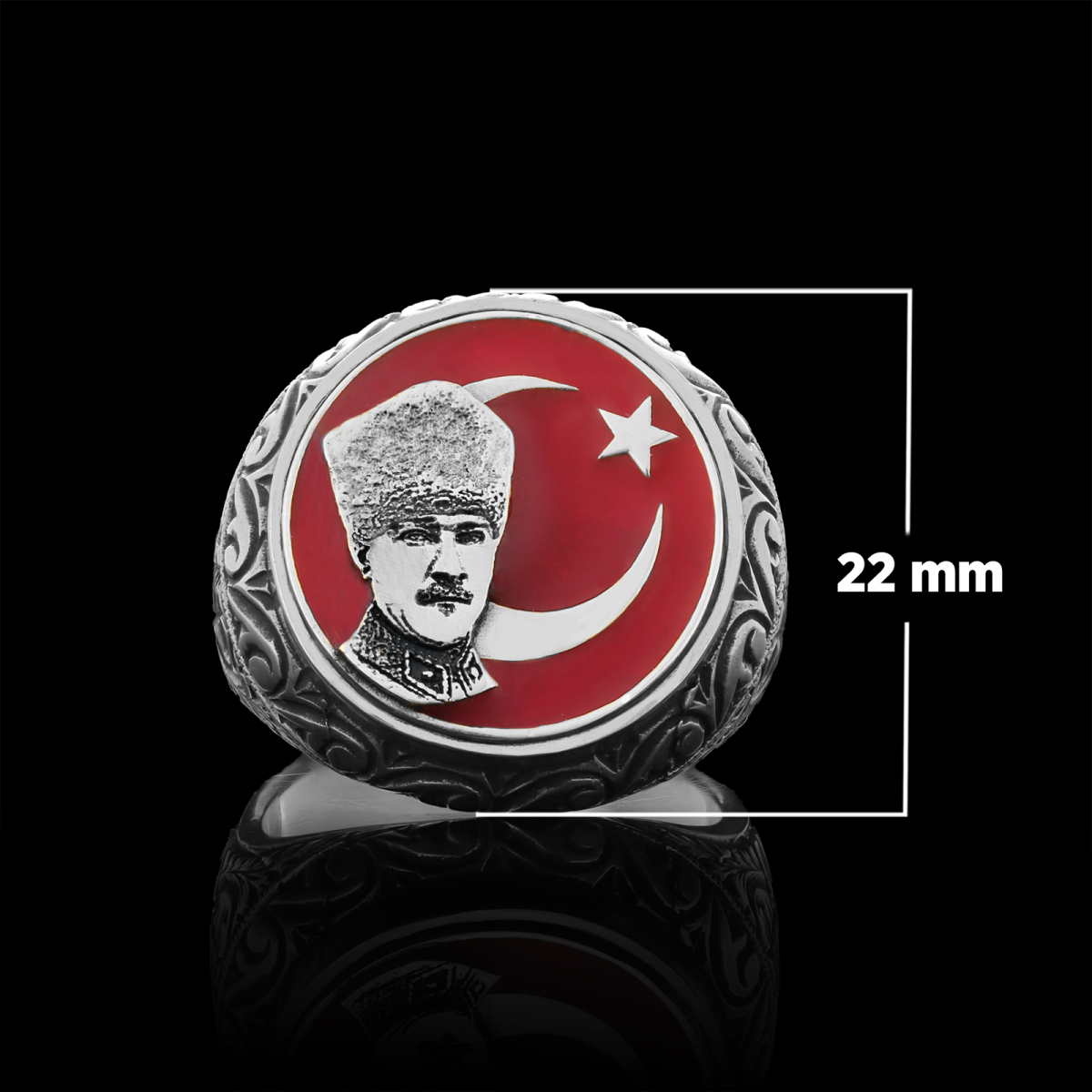 Ay Yıldız Atatürk Yüzük, Özel Tasarım Yanları Motifli Ay Yıldız Atatürk Yüzük, Gümüş Ay Yıldız Atatürk Yüzük