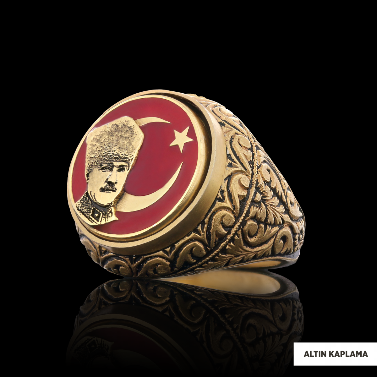 Ay Yıldız Atatürk Yüzük, Özel Tasarım Yanları Motifli Ay Yıldız Atatürk Yüzük, Gümüş Ay Yıldız Atatürk Yüzük