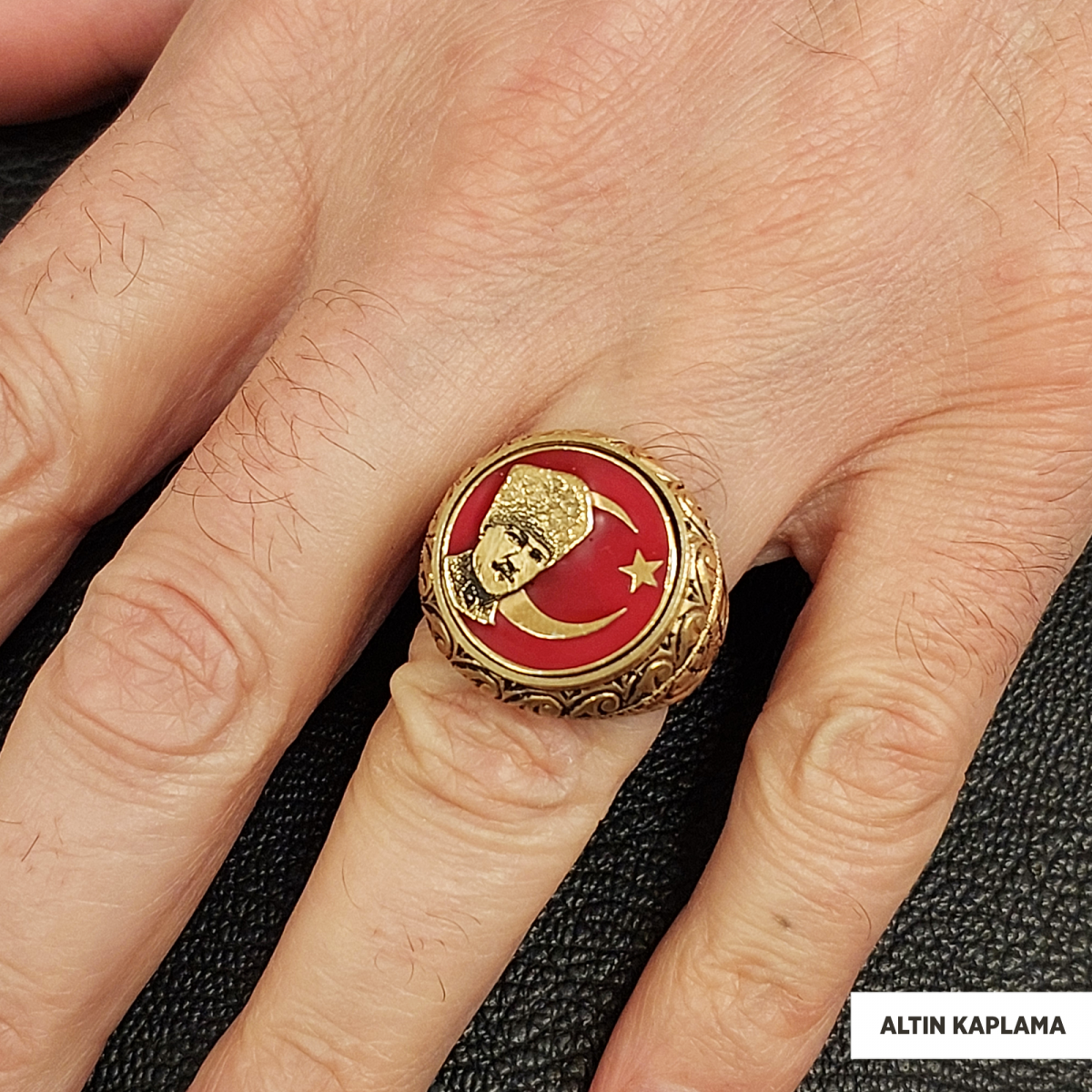 Ay Yıldız Atatürk Yüzük, Özel Tasarım Yanları Motifli Ay Yıldız Atatürk Yüzük, Gümüş Ay Yıldız Atatürk Yüzük