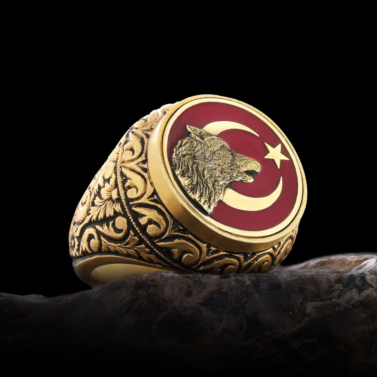 Ay Yıldız Bozkurt Yüzük, Özel Tasarım Yanları Motifli Ay Yıldız Ulu Bozkurt Yüzük, Gümüş Ay Yıldız Yalnız Kurt Yüzük