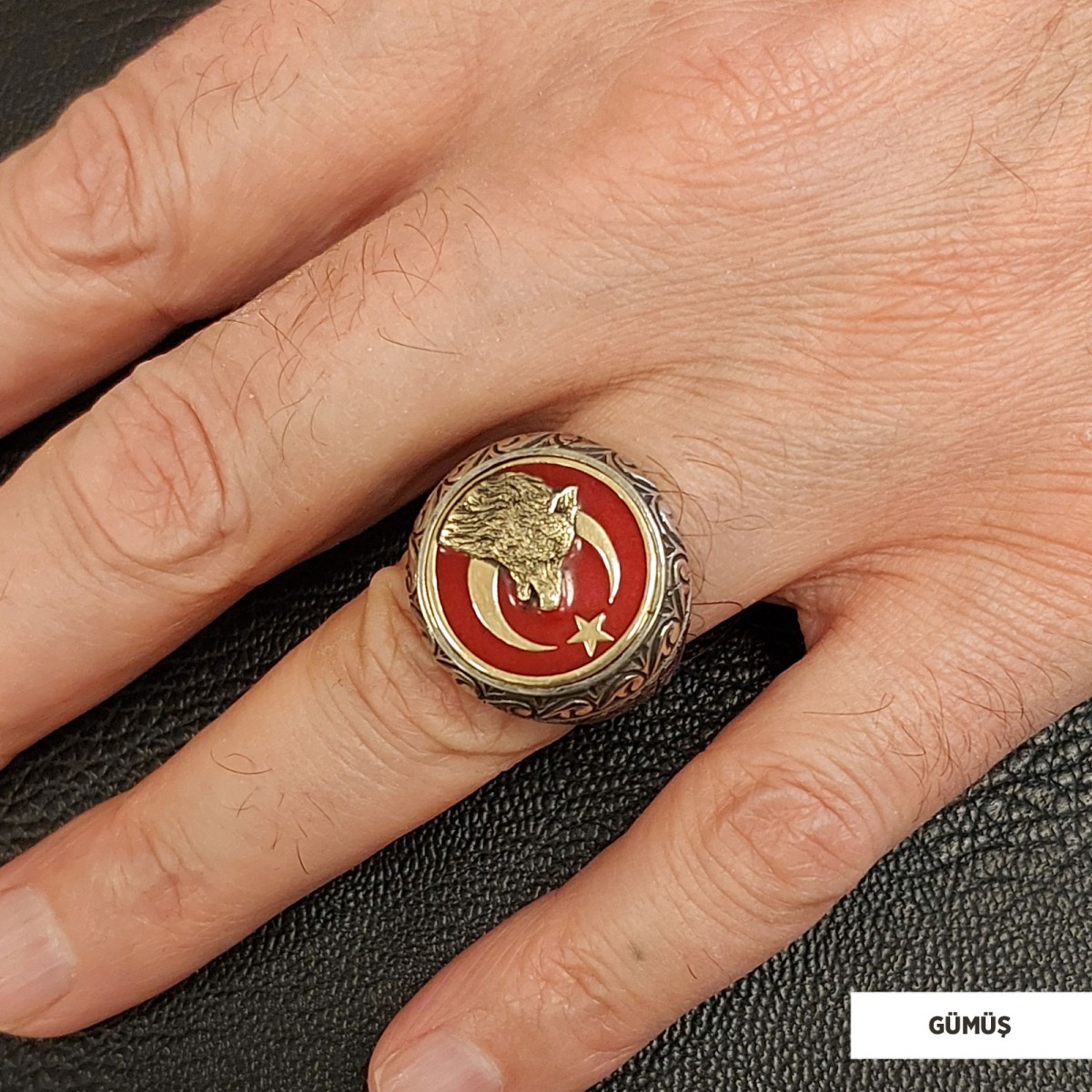 Ay Yıldız Bozkurt Yüzük, Özel Tasarım Yanları Motifli Ay Yıldız Ulu Bozkurt Yüzük, Gümüş Ay Yıldız Yalnız Kurt Yüzük