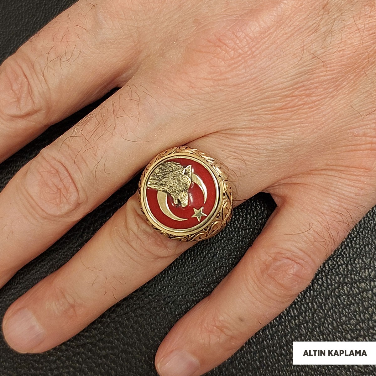 Ay Yıldız Bozkurt Yüzük, Özel Tasarım Yanları Motifli Ay Yıldız Ulu Bozkurt Yüzük, Gümüş Ay Yıldız Yalnız Kurt Yüzük