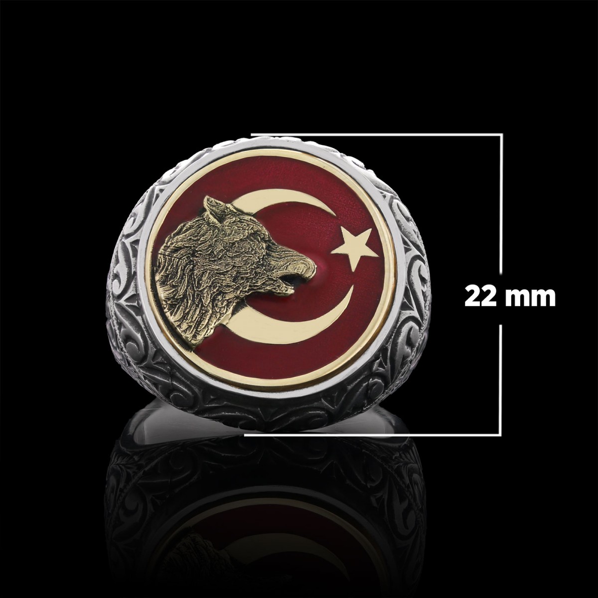 Ay Yıldız Bozkurt Yüzük, Özel Tasarım Yanları Motifli Ay Yıldız Ulu Bozkurt Yüzük, Gümüş Ay Yıldız Yalnız Kurt Yüzük