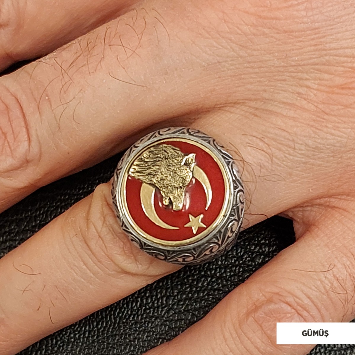 Ay Yıldız Bozkurt Yüzük, Özel Tasarım Yanları Motifli Ay Yıldız Ulu Bozkurt Yüzük, Gümüş Ay Yıldız Yalnız Kurt Yüzük