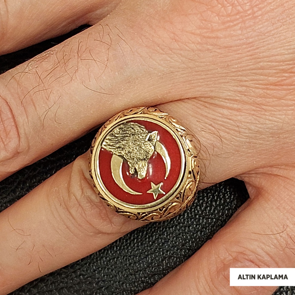 Ay Yıldız Bozkurt Yüzük, Özel Tasarım Yanları Motifli Ay Yıldız Ulu Bozkurt Yüzük, Gümüş Ay Yıldız Yalnız Kurt Yüzük