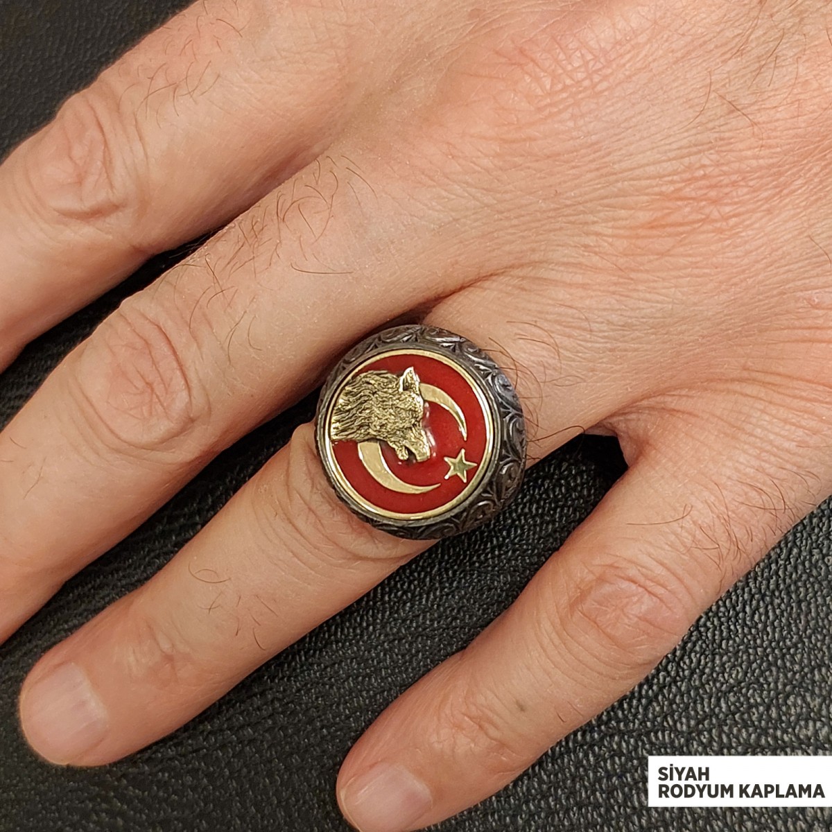 Ay Yıldız Bozkurt Yüzük, Özel Tasarım Yanları Motifli Ay Yıldız Ulu Bozkurt Yüzük, Gümüş Ay Yıldız Yalnız Kurt Yüzük