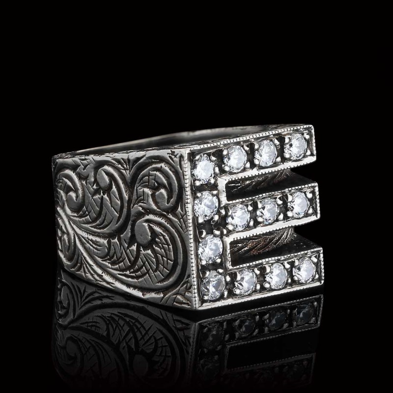 925 Ayar Gümüş Taşlı Monogram E Harfli Yüzük