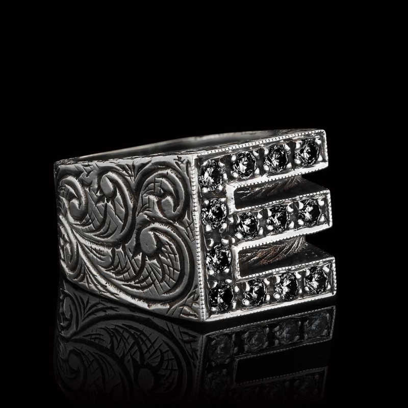 925 Ayar Gümüş Taşlı Monogram E Harfli Yüzük