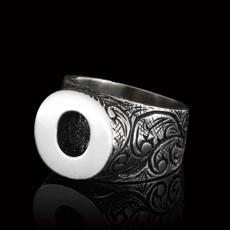 Gümüş El Yapımı Motifli Monogram O Harfli Yüzük