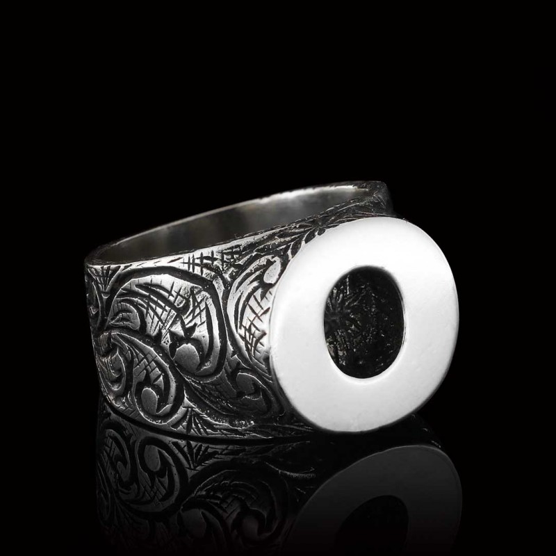 Gümüş El Yapımı Motifli Monogram O Harfli Yüzük