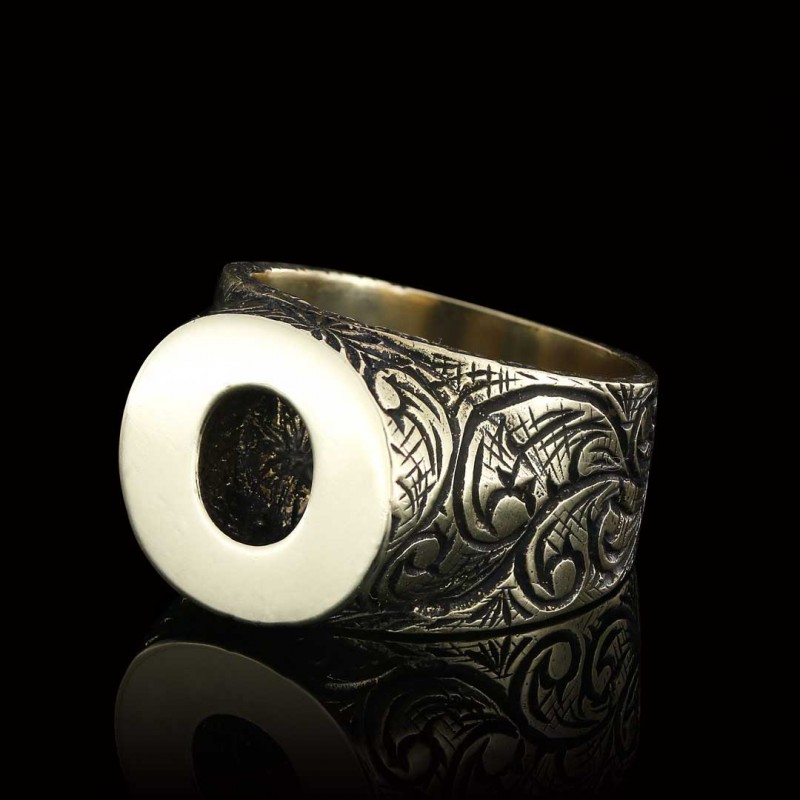 Gümüş El Yapımı Motifli Monogram O Harfli Yüzük