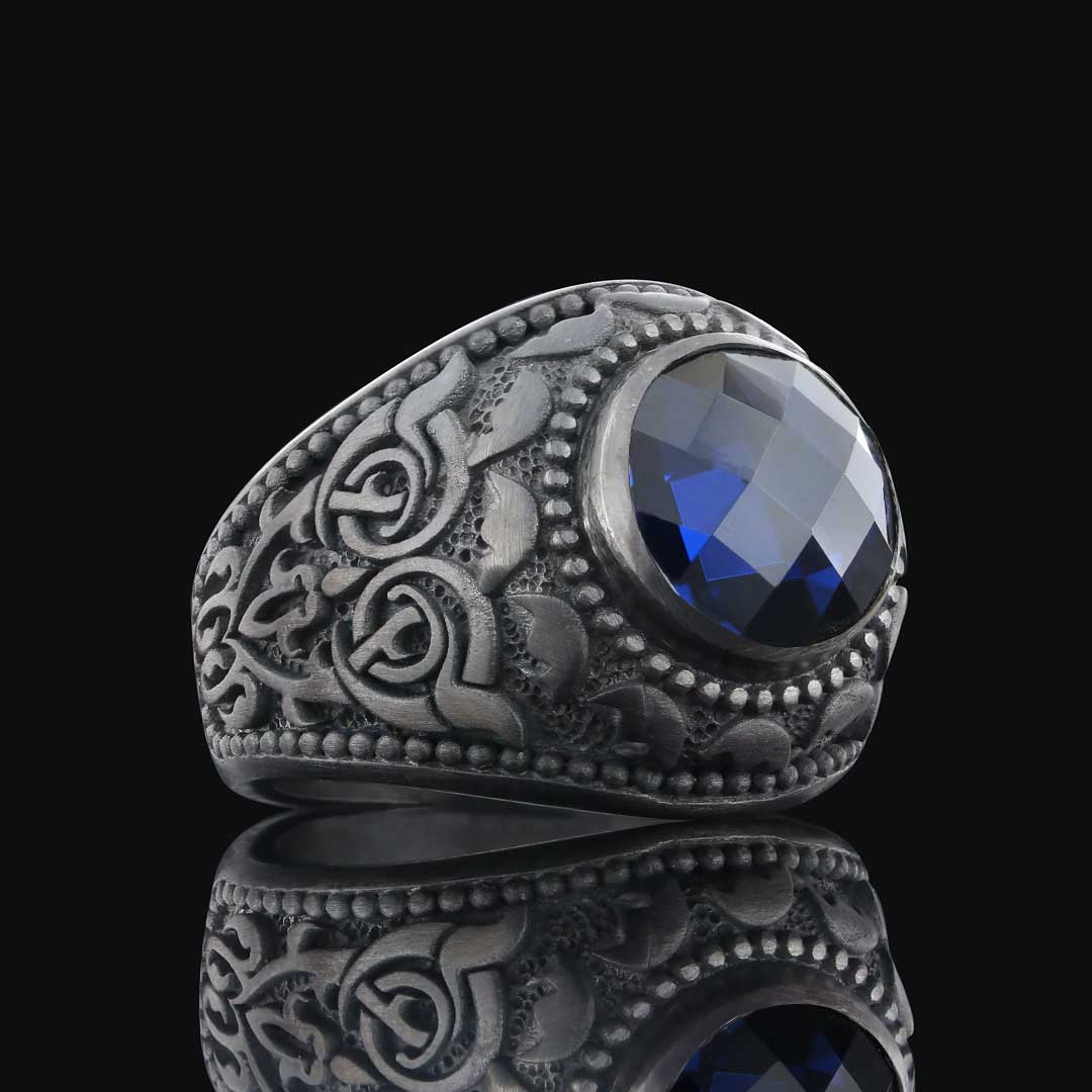 Her Tarza Uyan Safir Taşlı Yüzük Modelleri, Safir Taşlı Özel Tasarım Motifli Erkek Yüzük, Erkek Motifli Gümüş Yüzük