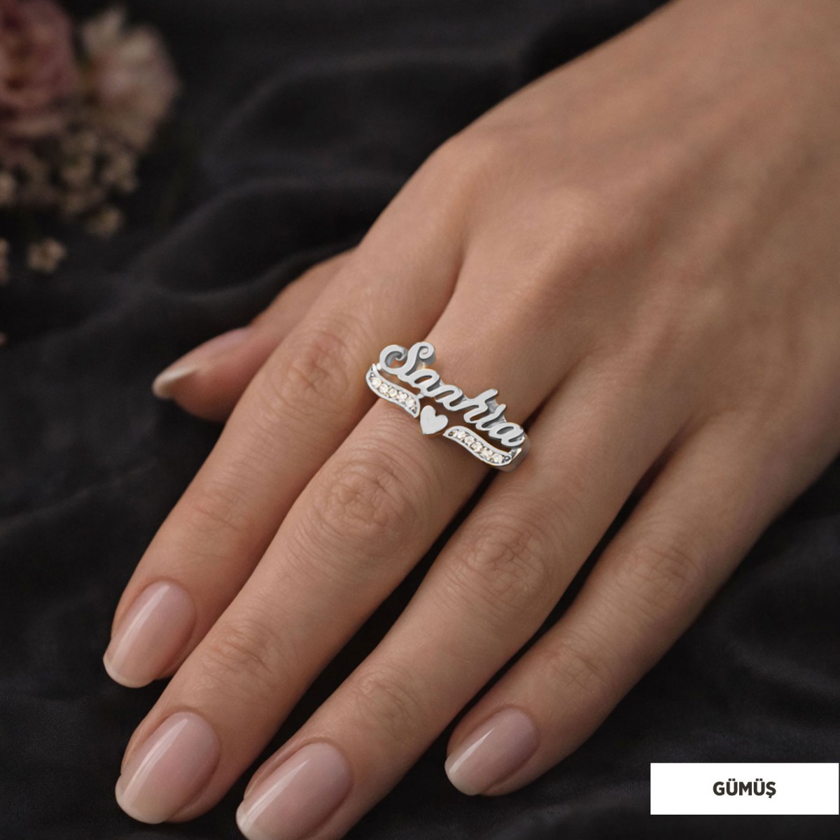 İsimli Özel Tasarım Taşlı Gümüş Yüzük