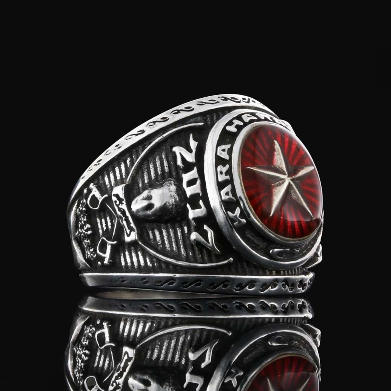 Kara Harp Okulu  2017 Yüzük, KHO Kırmızı Mine Üzerine Yıldız Yüzük, Harbiye Anı Yüzüğü, Askeri Süvari Sembollü Harp Okulu Yüzüğü