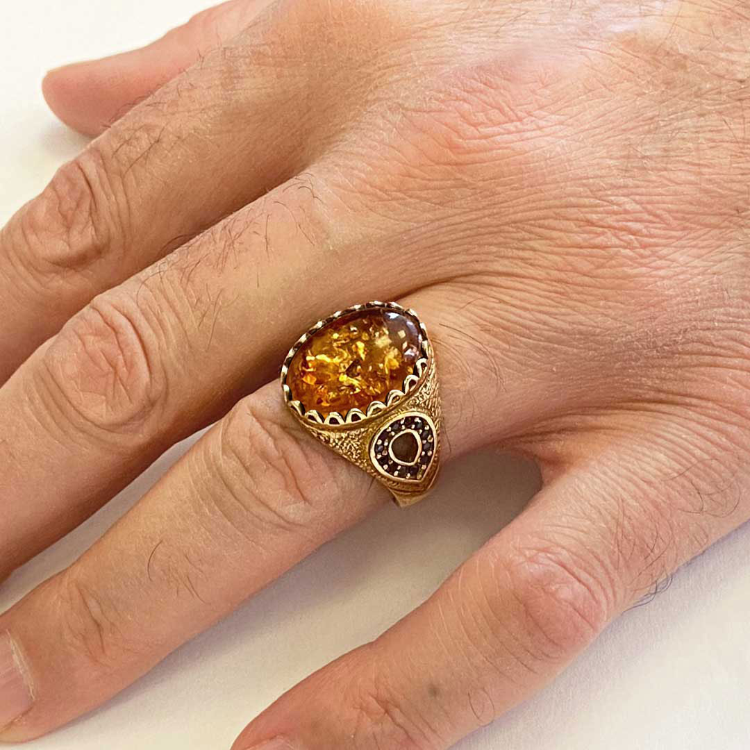 Kehribar Doğal Taşlı 925 Ayar Oval Gümüş Erkek Yüzük, Kehribar Yüzük