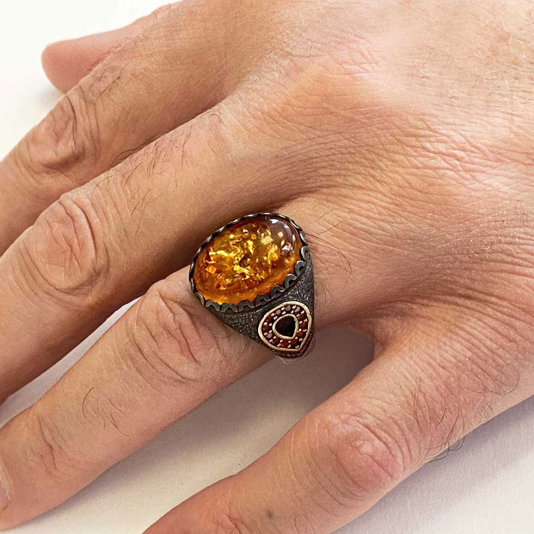 Kehribar Doğal Taşlı 925 Ayar Oval Gümüş Erkek Yüzük, Kehribar Yüzük