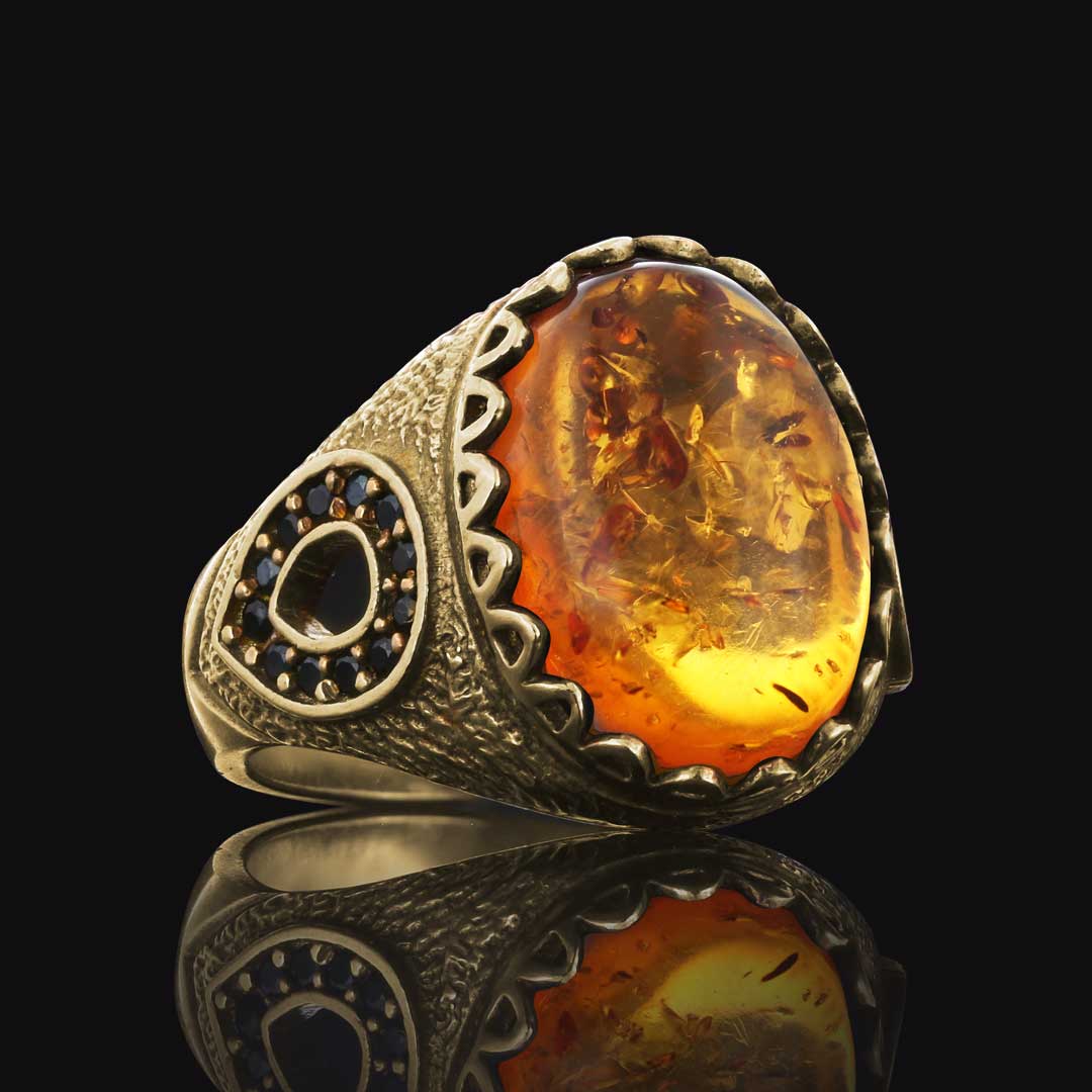 Kehribar Doğal Taşlı 925 Ayar Oval Gümüş Erkek Yüzük, Kehribar Yüzük