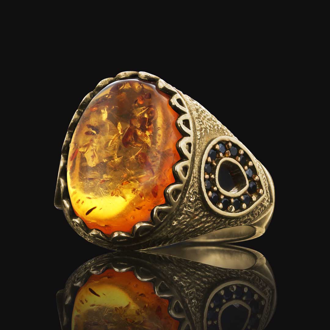 Kehribar Doğal Taşlı 925 Ayar Oval Gümüş Erkek Yüzük, Kehribar Yüzük