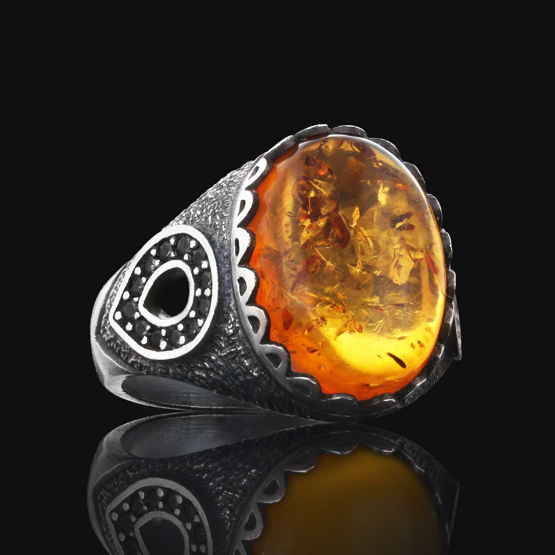 Kehribar Doğal Taşlı 925 Ayar Oval Gümüş Erkek Yüzük, Kehribar Yüzük