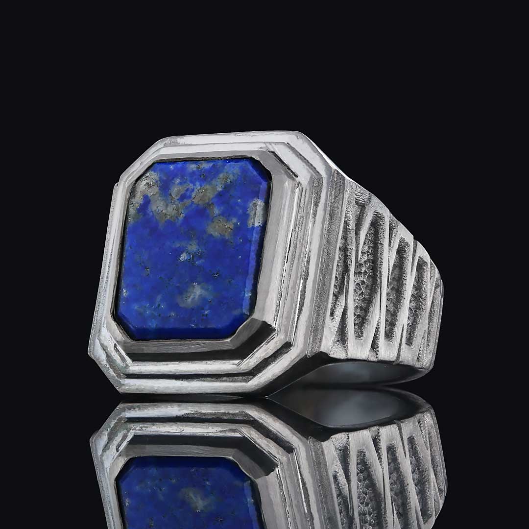 Lapis Gümüş Yüzük, Özel Tasarım El Yapımı Motifli Lapis Gümüş Yüzük