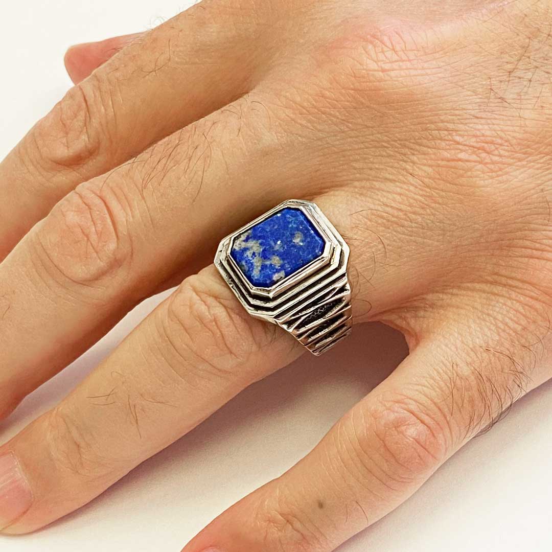 Lapis Gümüş Yüzük, Özel Tasarım El Yapımı Motifli Lapis Gümüş Yüzük