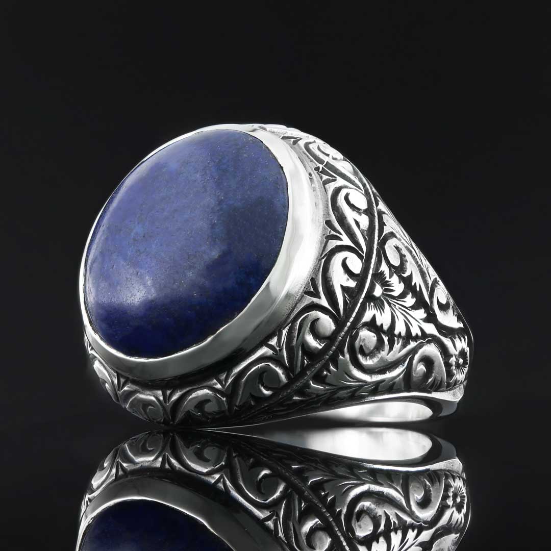 Lapis Taşlı Yüzük, Kişiye Özel Taşlı Kalem İşlemeli Lapis Taşlı Gümüş Yüzük