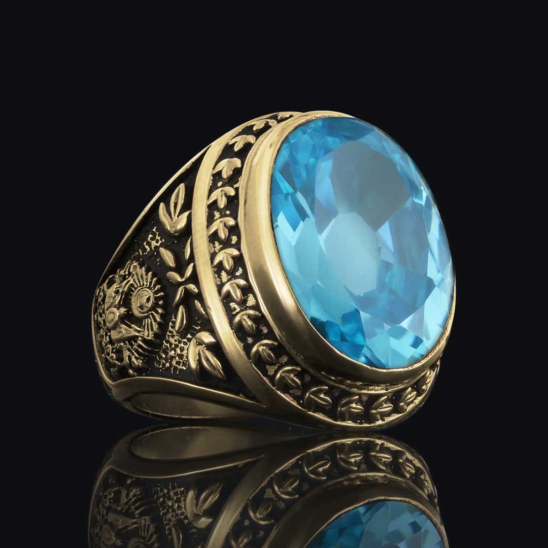 Light Blue Spinel Taşlı Tuğralı Devlet Armalı Gümüş Yüzük
