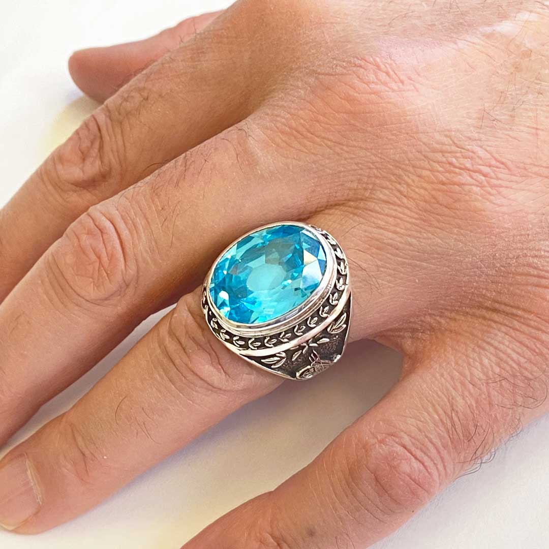 Light Blue Spinel Taşlı Tuğralı Devlet Armalı Gümüş Yüzük
