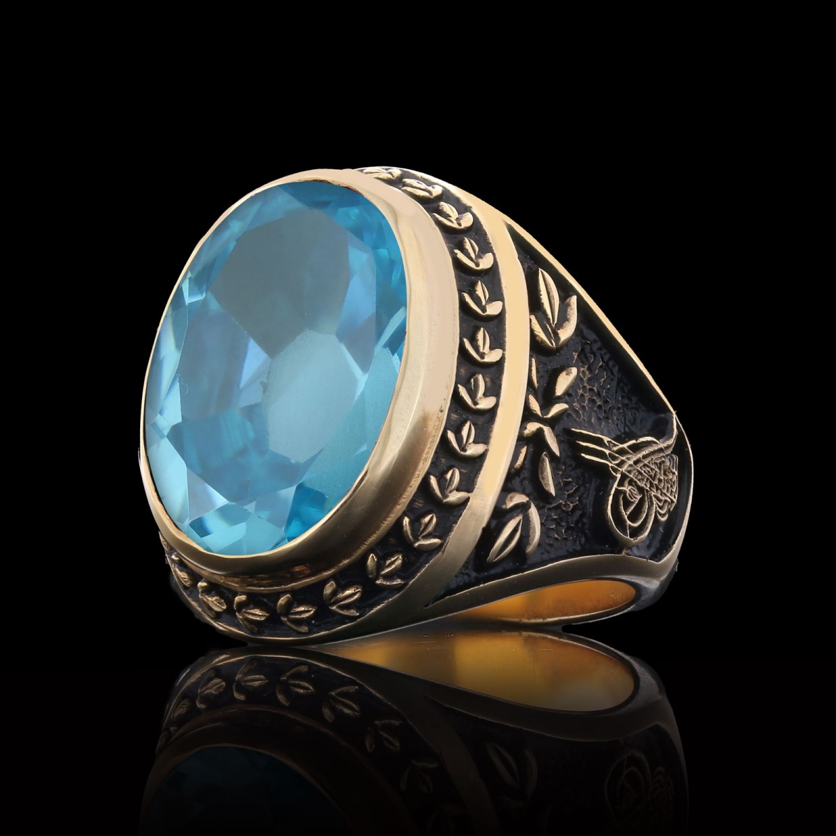 Light Blue Spinel Taşlı Tuğralı Devlet Armalı Gümüş Yüzük